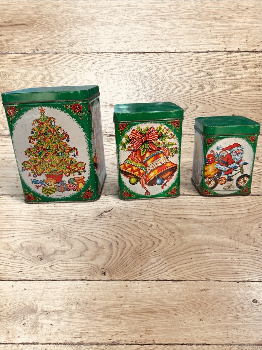 Vintage Christmas Tin Canister Set of 3 Santa Bicycle Tree Bells Retro